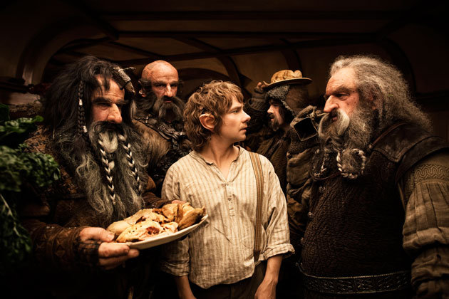 (L to R) William Kircher (Bifur), Graham McTavish (Dwalin), Martin Freeman (Bilbo Baggins), James Nesbitt (Bofur) and John Callen (Oin)