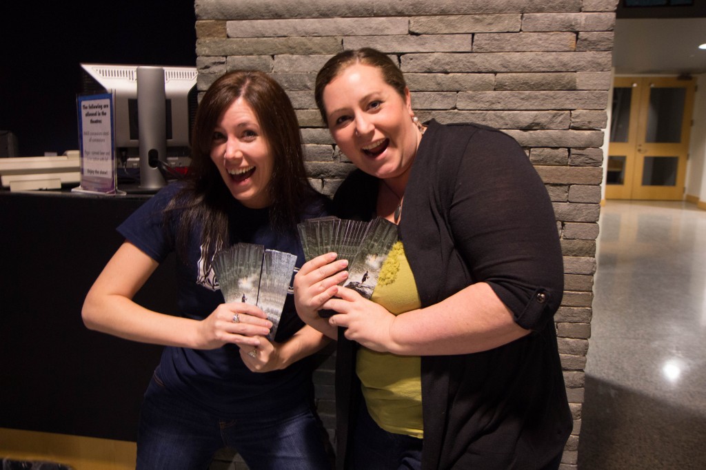 My friend Betsy (right) and I (left) holding DOS bookmarks.