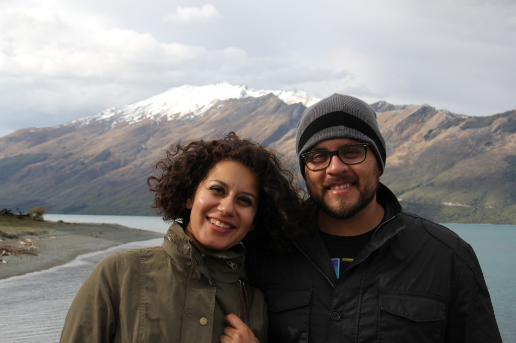 Trip Flip_Hobbit Adventure_Travelers Travelers Agustin and Cynthia in New Zealand, with Lake Wakatipu in the background
