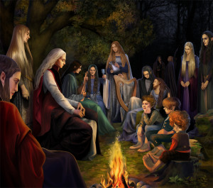Gildor,Sam, Pippin, Frodo and elves by Steamey